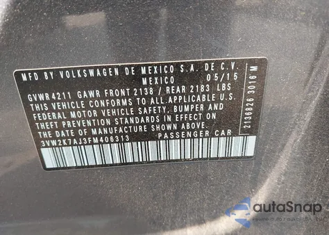 2015 Volkswagen Jetta 2.0L S from USA, damaged, VIN 3VW2K7AJ3FM406313